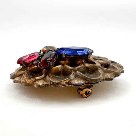 Gold Tone Floral Butterfly Brooch Likely Czech Art Glass Multi-Color c 1930s-40s - Picture 10 of 13